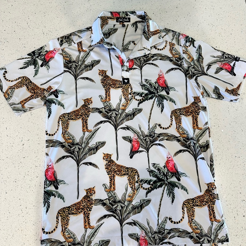 Bad Birdie Golf Polo Shirt “Wildlife” Cheetah Jungle Like New Size Small